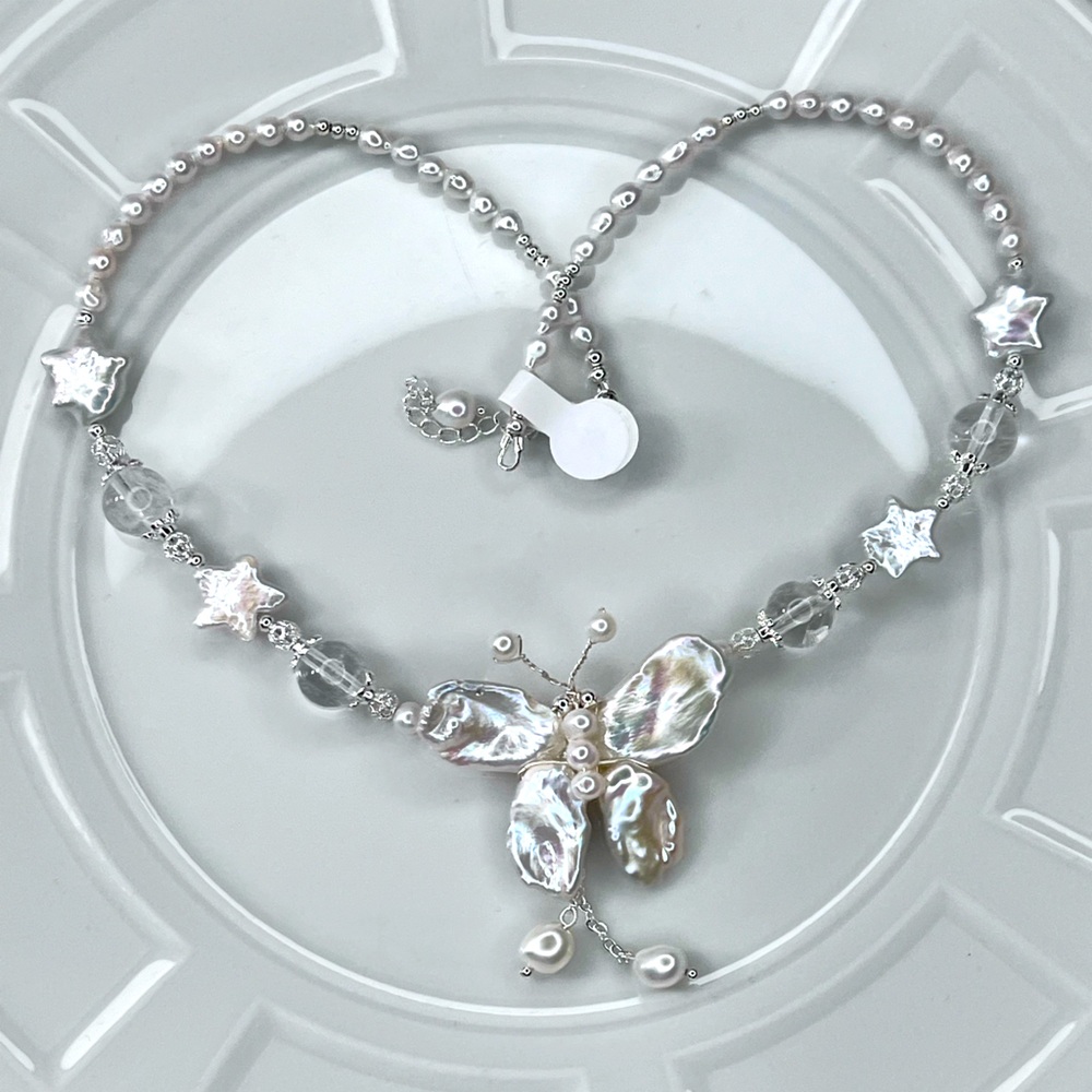 Handmade Freshwater Keshi Butterfly 🦋 Clear Quartz Star ⭐️Baroque Pearl Necklace